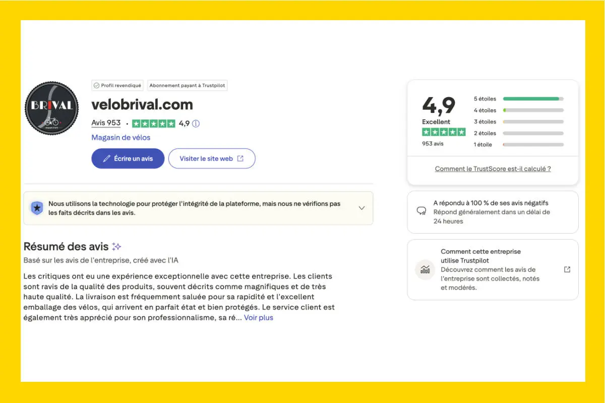 Avis positifs sur le magasin (physique et achat en ligne) Velo Brival à Tulle