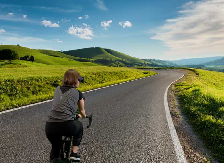 Femme sur vélo d'appartement en immersion en réalité virtuelle